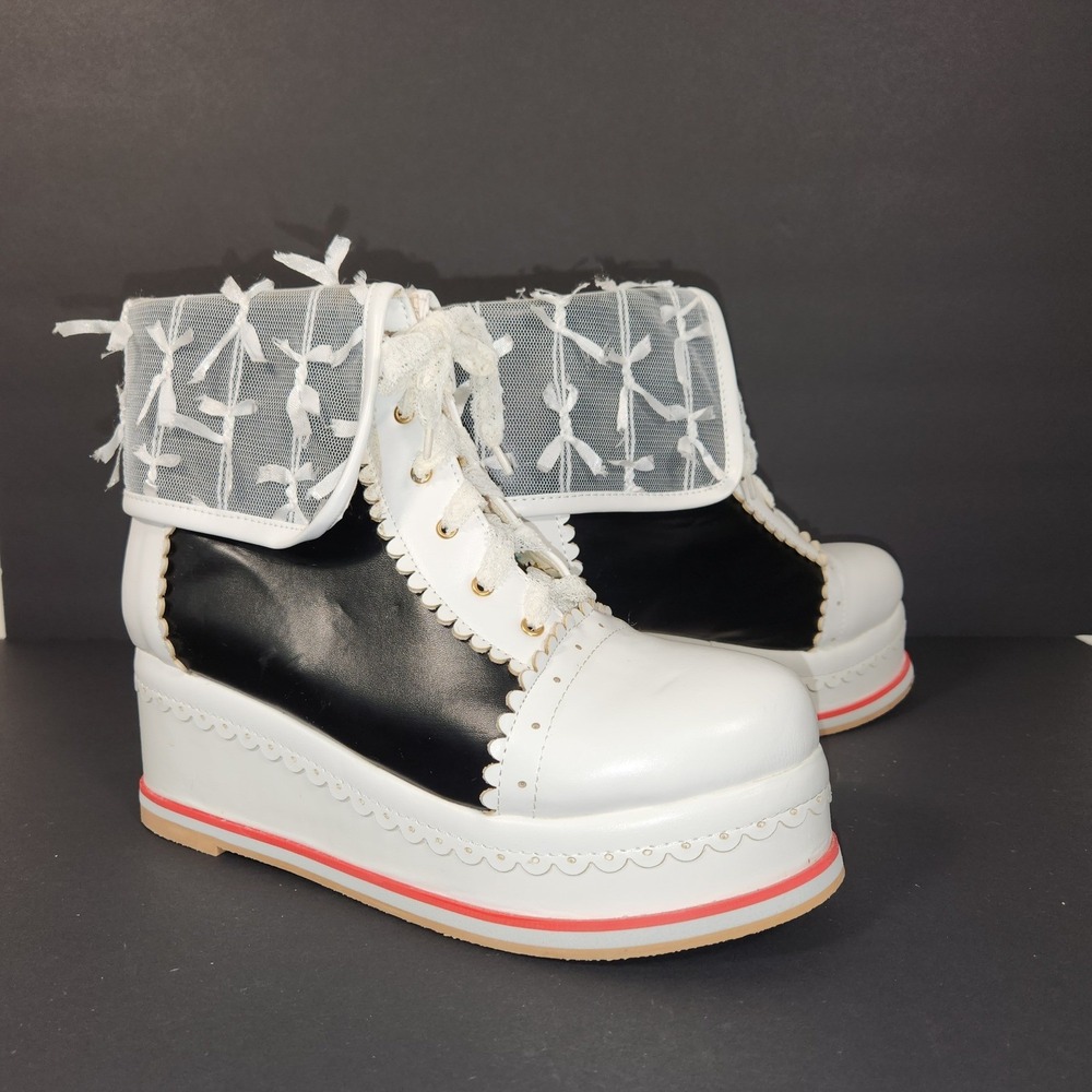HILIB Platform Ankle Boots Womens White Black Lace Bow Kawaii Lolita Goth Shoes